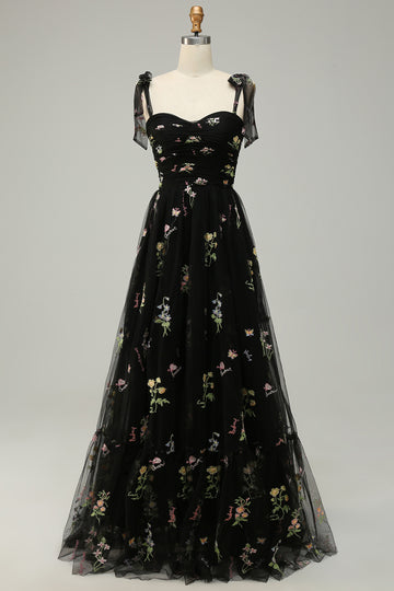Black A Line  Long Ball Dress With Embroidered Floral